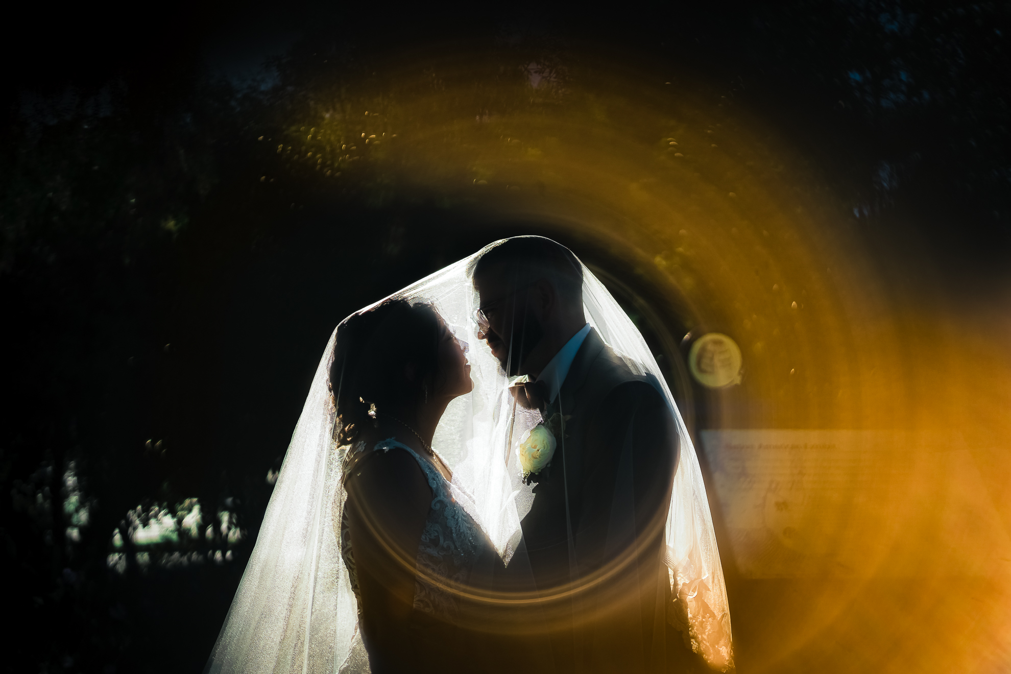 ThomasKim_photography A bride and groom are beautifully silhouetted in the light of the sun.